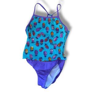 Speedo Girls Tankini Swimsuit Size 12 Blue Purple Pineapples NEW Textured